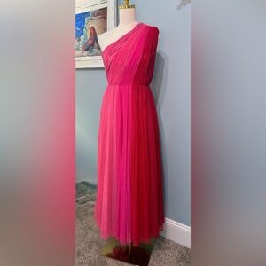 Anthropology Hutch One Shoulder Color Block Tulle Maxi Dress in Red and Pink